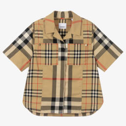 Burberry-Girls Beige Plaid Short Sleeve Shirt | Childrensalon Outlet