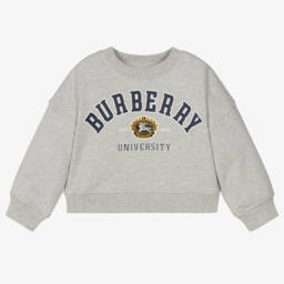 Burberry-سويت شيرت قطني رمادي للبنات بأسلوب جامعي | Childrensalon Outlet