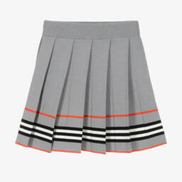 Burberry-Girls Grey Wool Pleated Stripe Skirt | Childrensalon Outlet