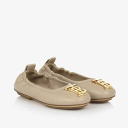 Burberry-أحذية فلات جلدية بلون بيج فاتح للبنات | Childrensalon Outlet