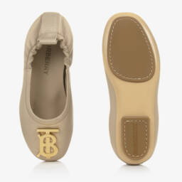 Burberry-أحذية فلات جلدية بلون بيج فاتح للبنات | Childrensalon Outlet