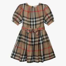 Burberry-Шелковое клетчатое бежевое платье для девочек | Childrensalon Outlet