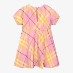 Burberry-فستان حرير كاروهات لون زهري و أصفر | Childrensalon Outlet