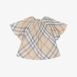 Burberry-Girls Soft Beige Checkered Top | Childrensalon Outlet