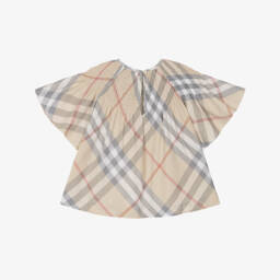 Burberry-Girls Soft Beige Checkered Top | Childrensalon Outlet