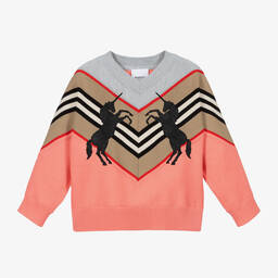 Burberry-كنزة صوف محبوك لون زهري وأسود للبنات | Childrensalon Outlet