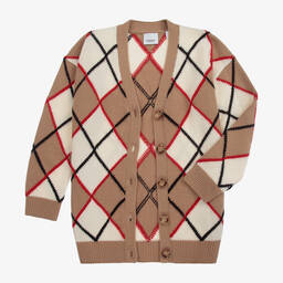 بربري-كارديغان مزيج قطن وكشمير لون بيج، عاجي وأحمر | Childrensalon Outlet