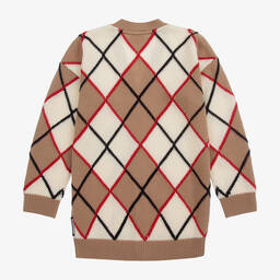 بربري-كارديغان مزيج قطن وكشمير لون بيج، عاجي وأحمر | Childrensalon Outlet