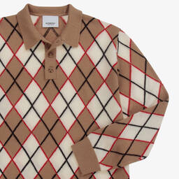 بربري-كنزة صوف وكشمير لون بيج، عاجي وأحمر | Childrensalon Outlet