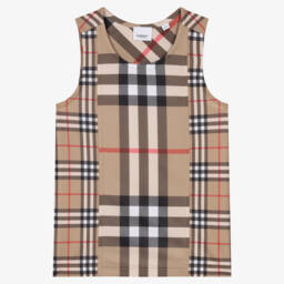 Burberry-قميص بلا أكمام بنقشة مربعات بيج للأولاد المراهقين | Childrensalon Outlet