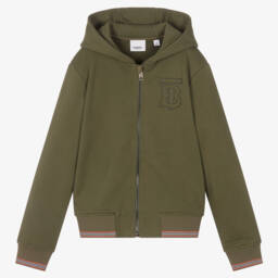 Burberry-توب هودي بسحاب تينز ولادي قطن لون أخضر كاكي | Childrensalon Outlet