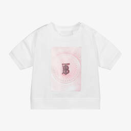 Burberry-تيشيرت قطن لون أبيض وزهري للمولودات | Childrensalon Outlet