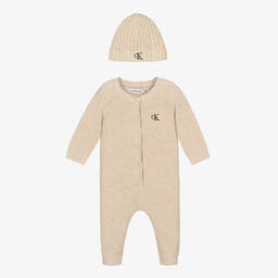 Calvin Klein-Beige Cotton Knit Babysuit Gift Set | Childrensalon Outlet
