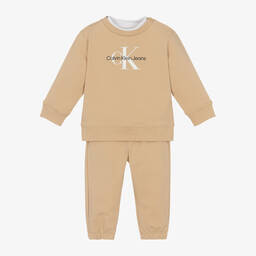 Calvin Klein-Beige Cotton Monogram Tracksuit Baby Gift Set | Childrensalon Outlet