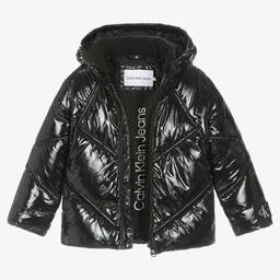 Calvin Klein-Girls Black Shiny Hooded Puffer Jacket | Childrensalon Outlet