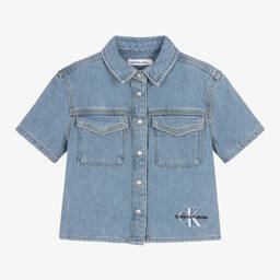 كالفين كلاين Jeans-قميص قطن دنيم لون أزرق للبنات | Childrensalon Outlet