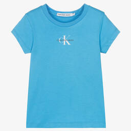 Calvin Klein Jeans-Girls Blue Cotton Logo T-Shirt | Childrensalon Outlet