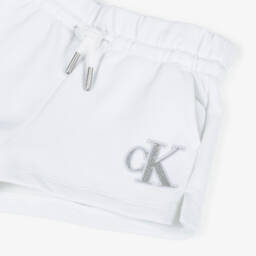 Calvin Klein-Girls Glittery White Cotton Logo Shorts | Childrensalon Outlet