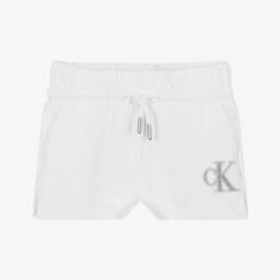 Calvin Klein-Girls Glittery White Cotton Logo Shorts | Childrensalon Outlet