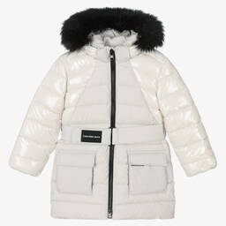 Calvin Klein Jeans-Girls Grey Belted Puffer Coat | Childrensalon Outlet