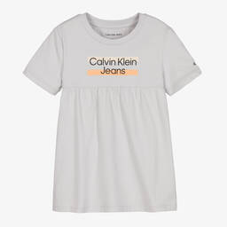 كالفين كلاين Jeans-فستان أطفال بناتي قطن جيرسي لون رمادي فاتح | Childrensalon Outlet