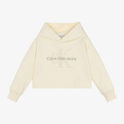 Calvin Klein-توب هودي بطبعة مونوغرام قطن لون عاجي للبنات | Childrensalon Outlet