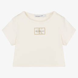 Calvin Klein Jeans-تيشيرت قطن جيرسي لون عاجي للبنات | Childrensalon Outlet