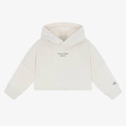 Calvin Klein Jeans-Girls Ivory Crop Logo Hoodie | Childrensalon Outlet