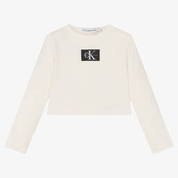 Calvin Klein Jeans-Girls Ivory Cropped Jersey Top | Childrensalon Outlet
