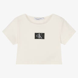 Calvin Klein Jeans-Girls Ivory Cropped T-Shirt | Childrensalon Outlet