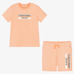Calvin Klein Jeans-طقم شورت قطن جيرسي لون برتقالي مرجاني | Childrensalon Outlet