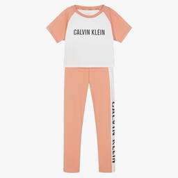 كالفين كلاين-بيجاما قطن جيرسي لون زهري وأبيض للبنات | Childrensalon Outlet