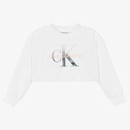 Calvin Klein Jeans-سويتشيرت قطن جيرسي لون أبيض للبنات | Childrensalon Outlet