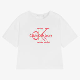 Calvin Klein Jeans-تيشيرت قطن لون أبيض للبنات | Childrensalon Outlet