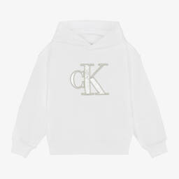 Calvin Klein-Girls White Cotton Monogram Hoodie | Childrensalon Outlet
