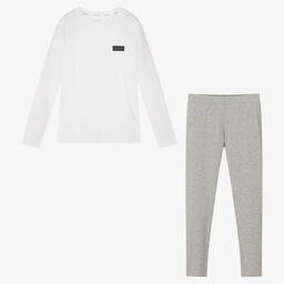 كالفين كلاين-بيجاما قطن جيرسي لون أبيض ورمادي للبنات | Childrensalon Outlet