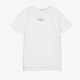 Calvin Klein Jeans-فستان شبك جيرسي لون أبيض للبنات | Childrensalon Outlet