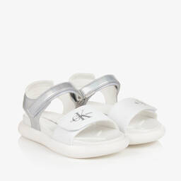 Calvin Klein-Girls White & Silver Velcro Sandals | Childrensalon Outlet