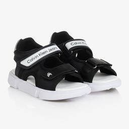 Calvin Klein Jeans-Teen Boys Black Faux Leather Sandals | Childrensalon Outlet
