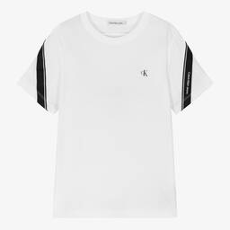 Calvin Klein-Teen Boys White Cotton Taped T-Shirt | Childrensalon Outlet