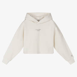 Calvin Klein Jeans-Teen Girls Ivory Crop Hoodie | Childrensalon Outlet