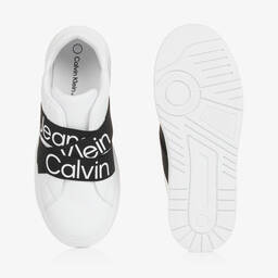 Calvin Klein-Teen White & Black Faux Leather Trainers | Childrensalon Outlet