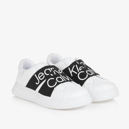 Calvin Klein-White & Black Faux Leather Trainers | Childrensalon Outlet