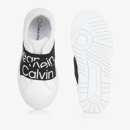 Calvin Klein-White & Black Faux Leather Trainers | Childrensalon Outlet