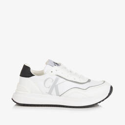 Calvin Klein-White Faux Leather Lace-Up Trainers | Childrensalon Outlet