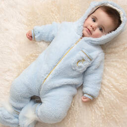 Caramelo Kids-Baby Boys Blue Teddy Fleece Pramsuit | Childrensalon Outlet