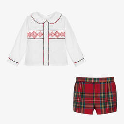Caramelo Kids-Baby Boys Red & Ivory Tartan Buster Suit | Childrensalon Outlet