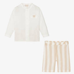 Caramelo Kids-طقم شورت قطن مقلّم لون بيج وعاجي للأولاد | Childrensalon Outlet