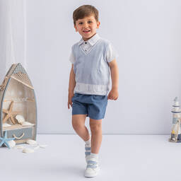 Caramelo Kids-طقم شورت قطن لون أزرق وأبيض للأولاد | Childrensalon Outlet