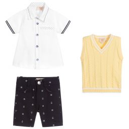 Caramelo Kids-طقم شورت 3 قطع قطن لون أصفر كحلي و أبيض للأولاد | Childrensalon Outlet